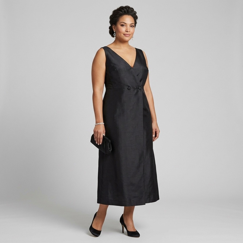 Jones New York Evening Dress Womens Black 14 Silk Midi Double Breasted Formal